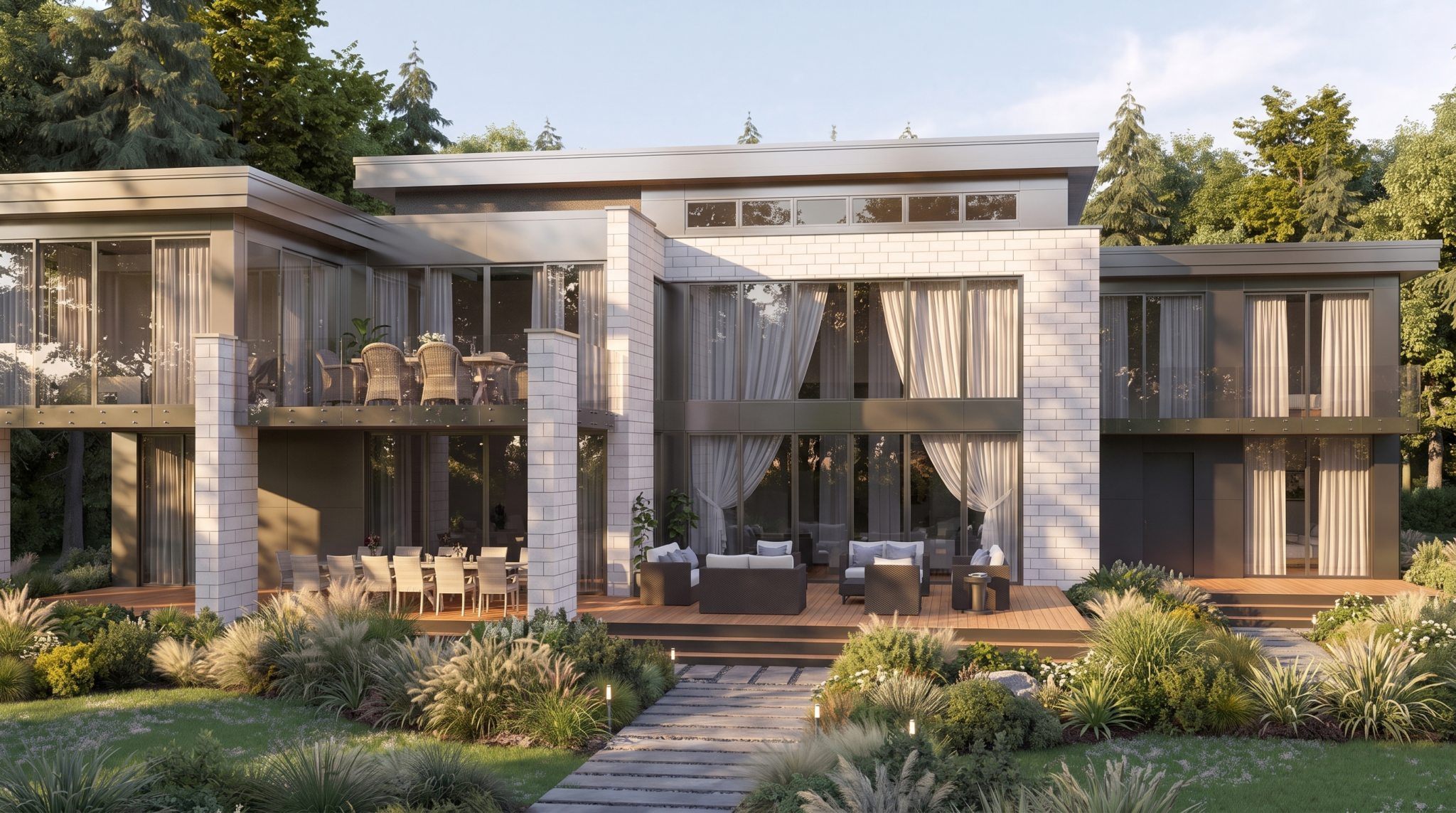 Rear elevation with large glazing, pale stone piers and terraces opening toward the garden