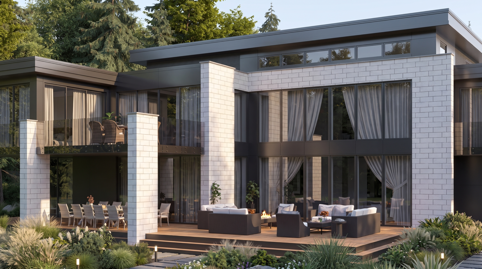 Rear outdoor lounge and dining terrace framed by tall stone piers