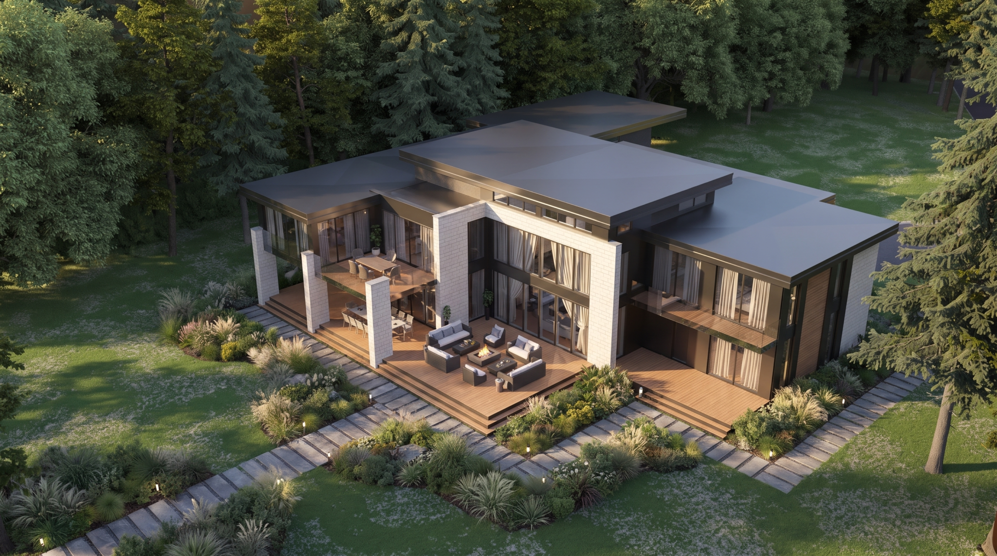 Elevated rear view showing covered terraces, outdoor seating and layered roof planes