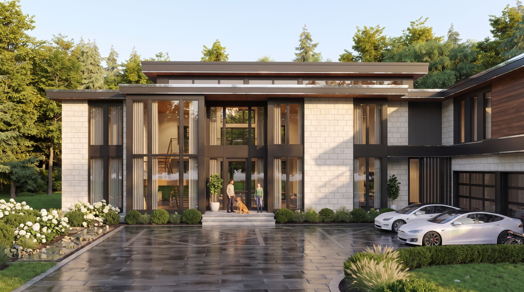 Straight-on view of the glazed double-height entrance and garage wing