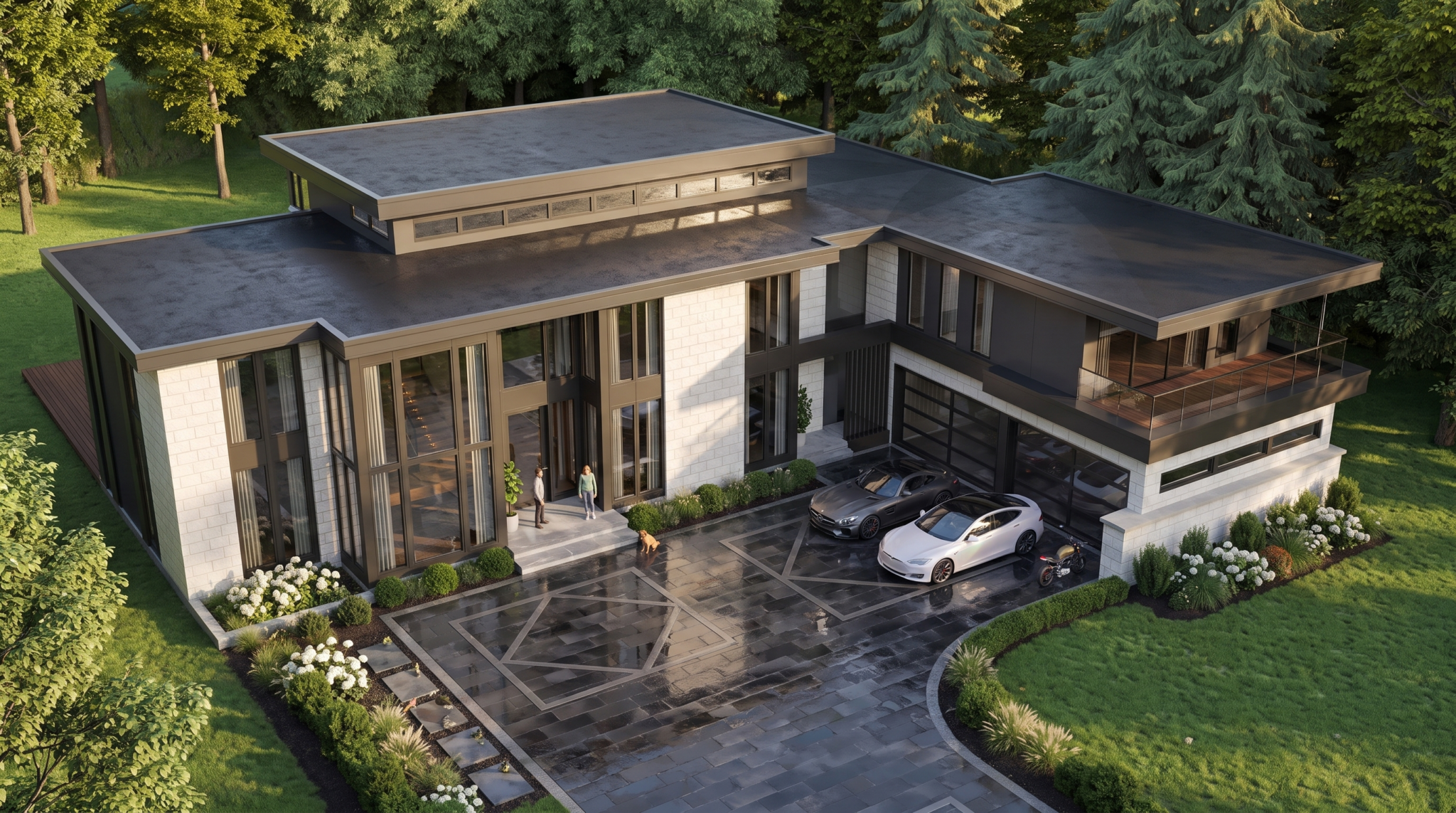 Elevated front view of a contemporary residence with layered flat roofs, pale stone and a landscaped driveway