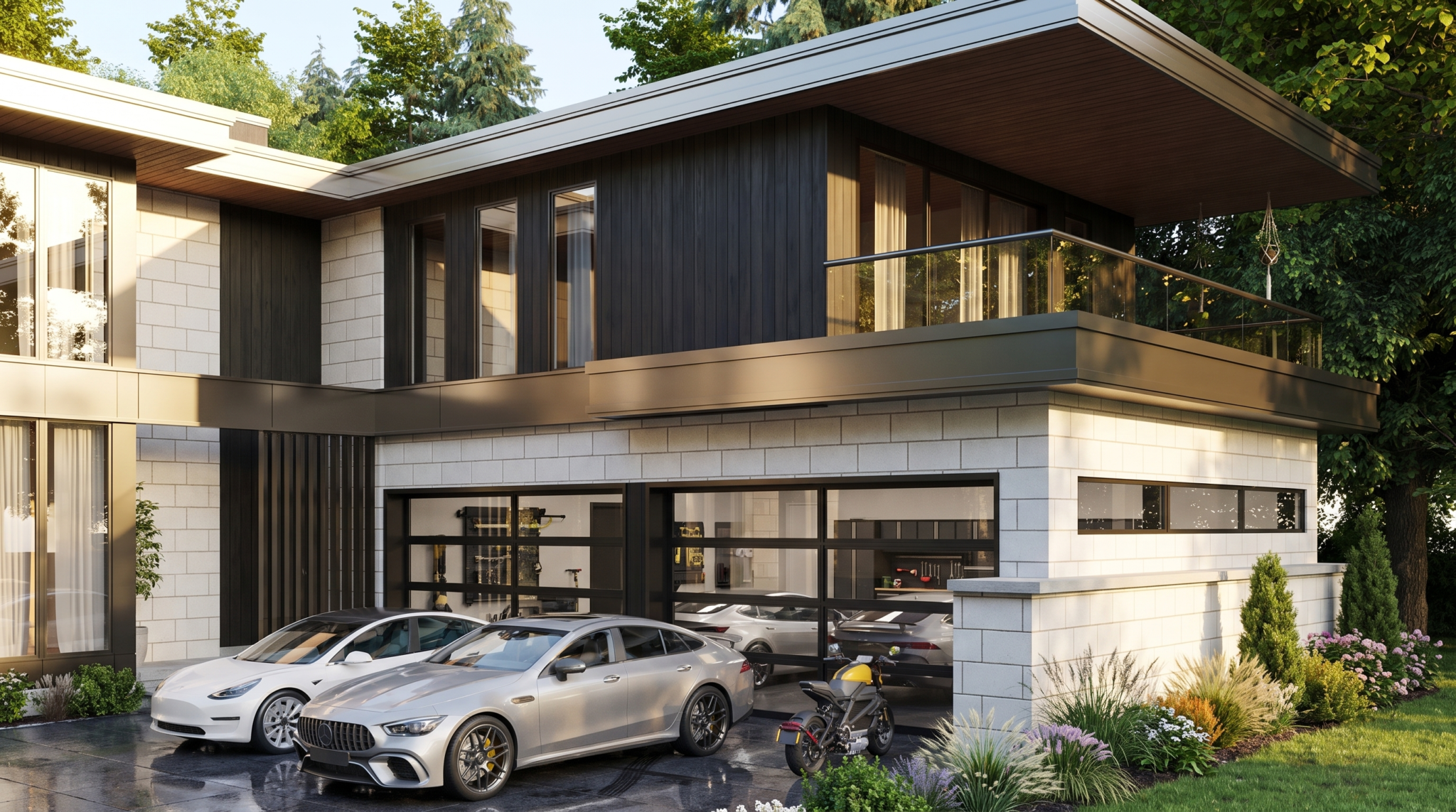 Dark-clad upper terrace above a pale stone garage with glazed doors