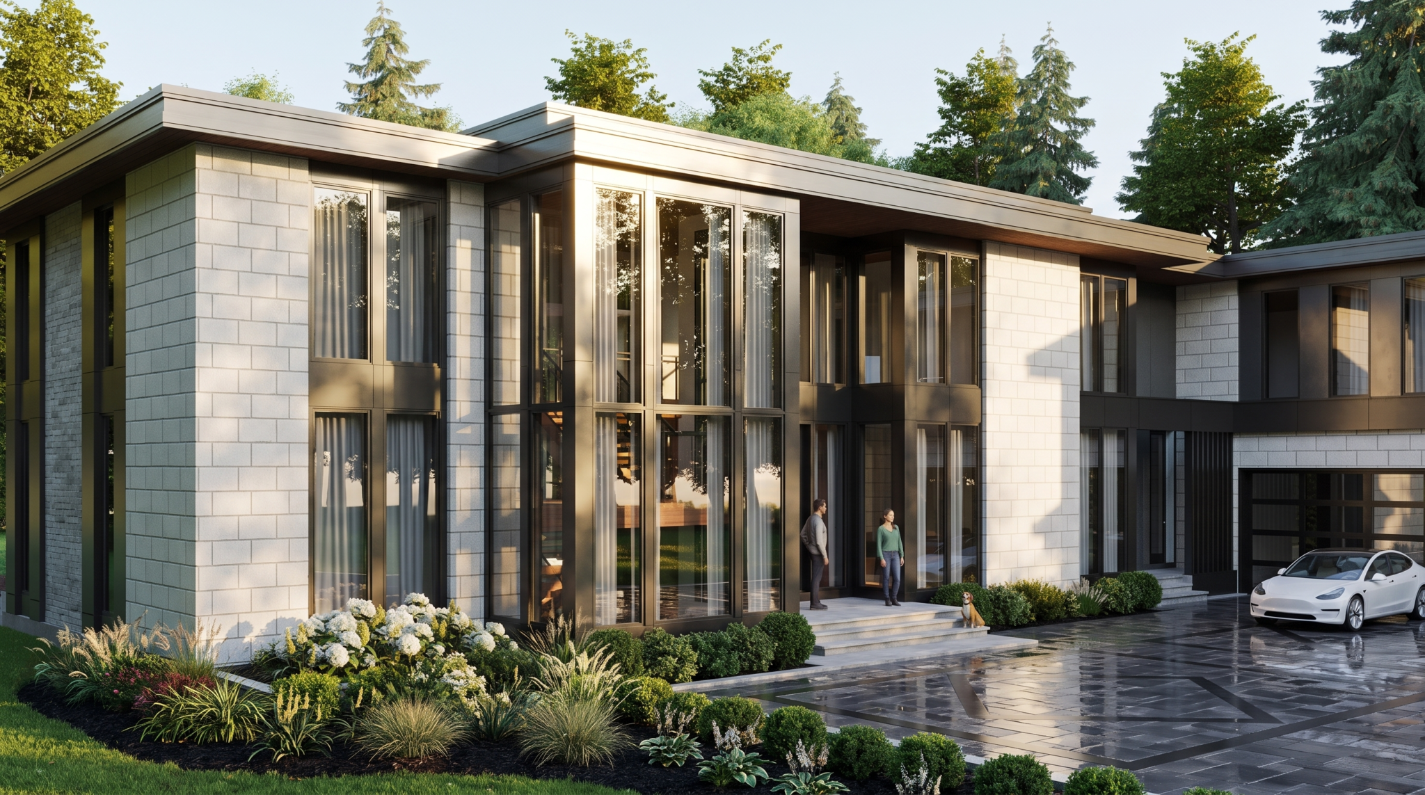 Angled front elevation with pale stone walls, double-height windows and dark architectural frames