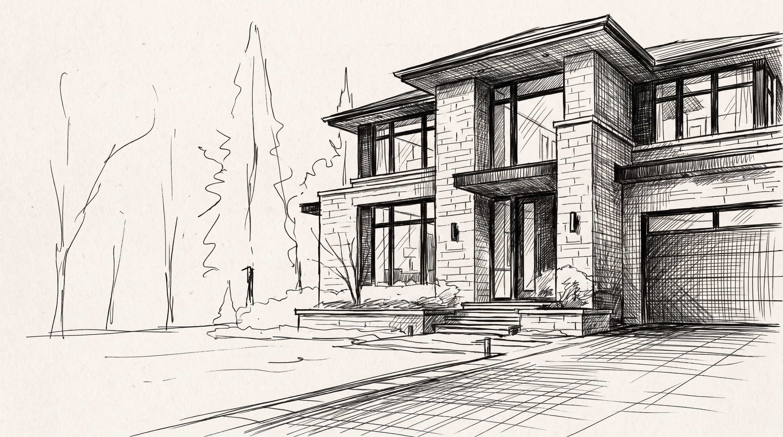 Conceptual ink sketch of a contemporary home with loose architectural lines