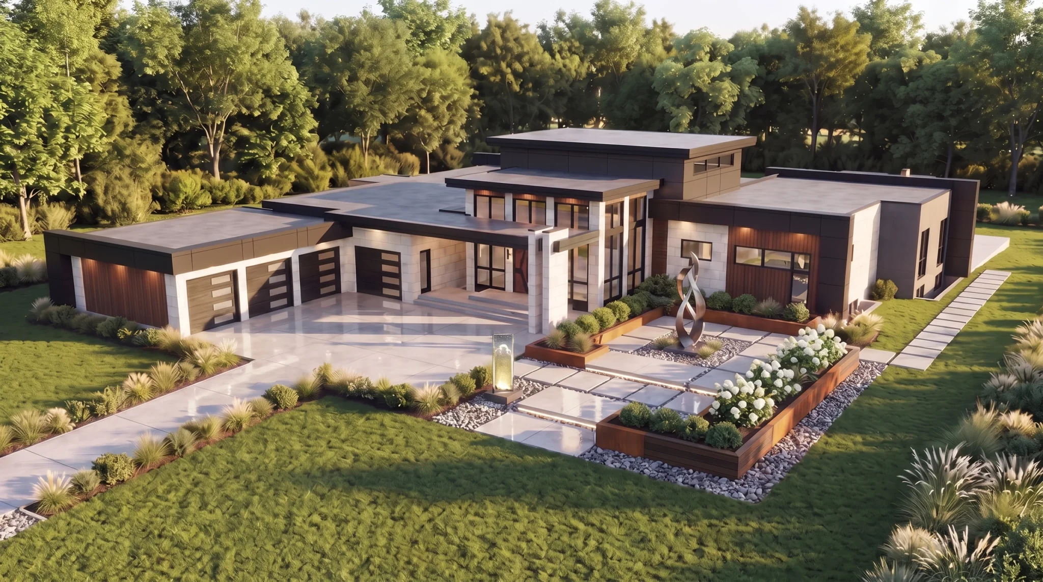 Hillcroft Modern in Beckwith: aerial rendering of a lakeside bungalow with layered roofs, a four-car garage and a landscaped entrance.