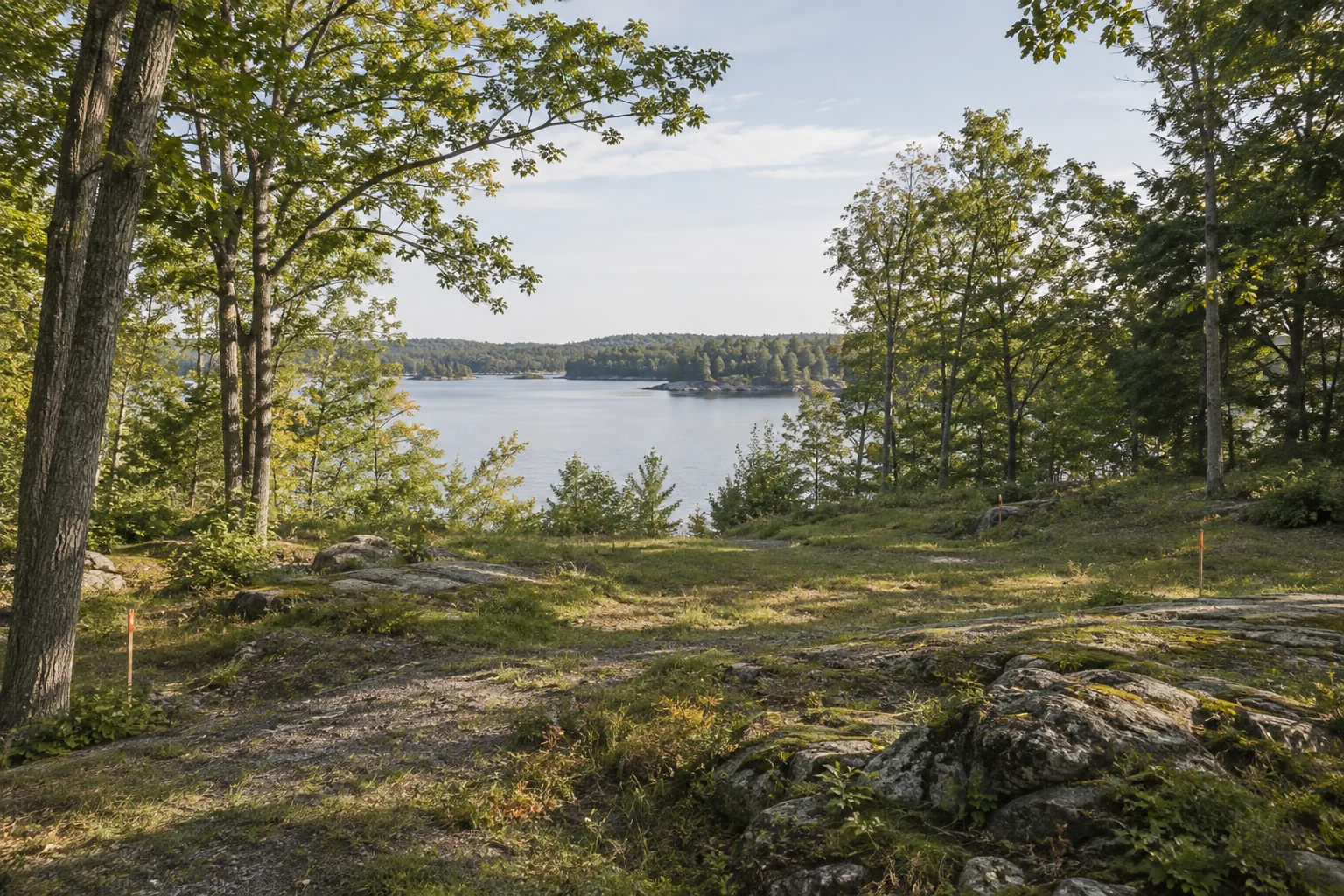 Illustrative wooded waterfront lot showing terrain, trees and views for a residential site study.