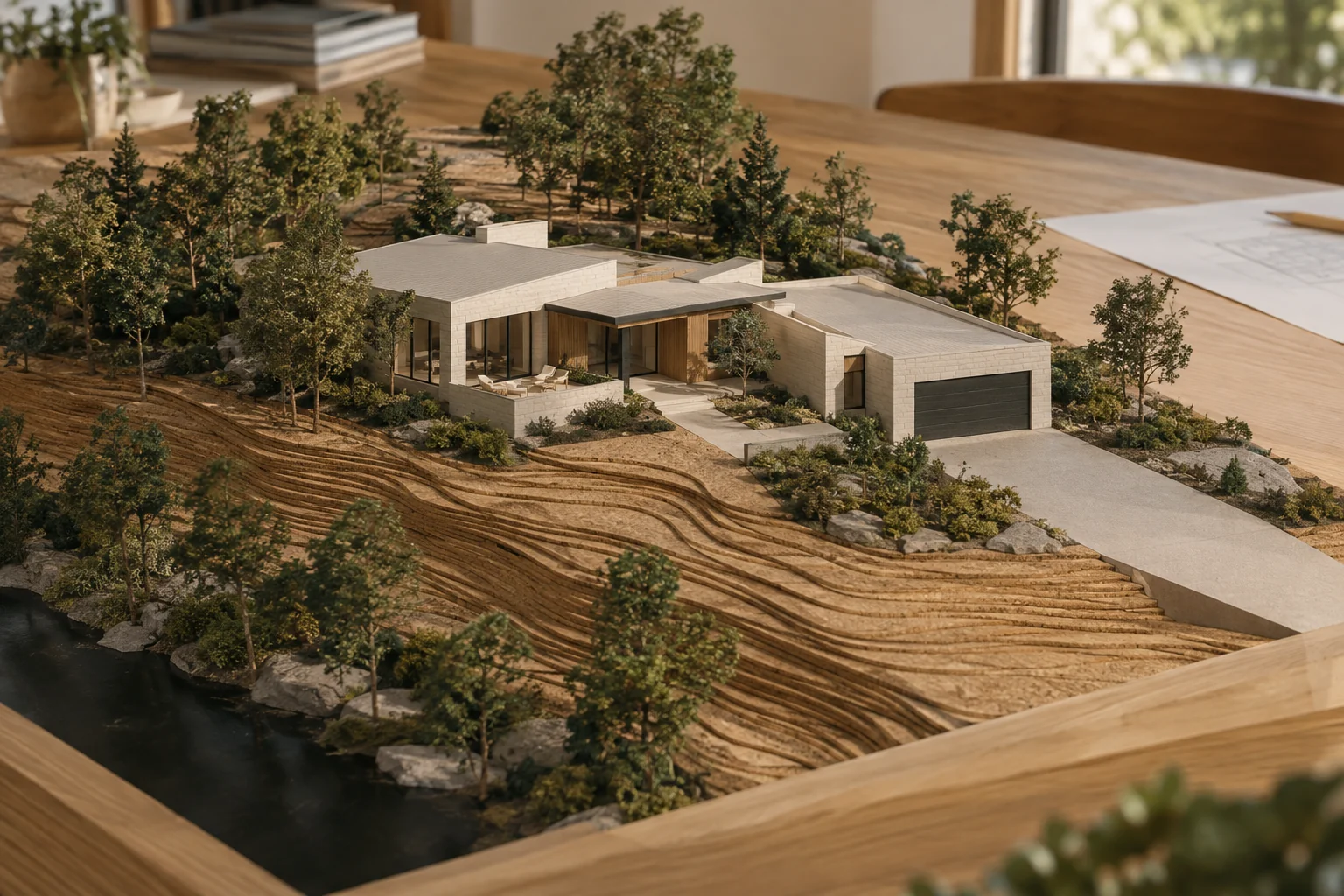 Illustrative home model on a contoured site showing building placement, driveway and trees.