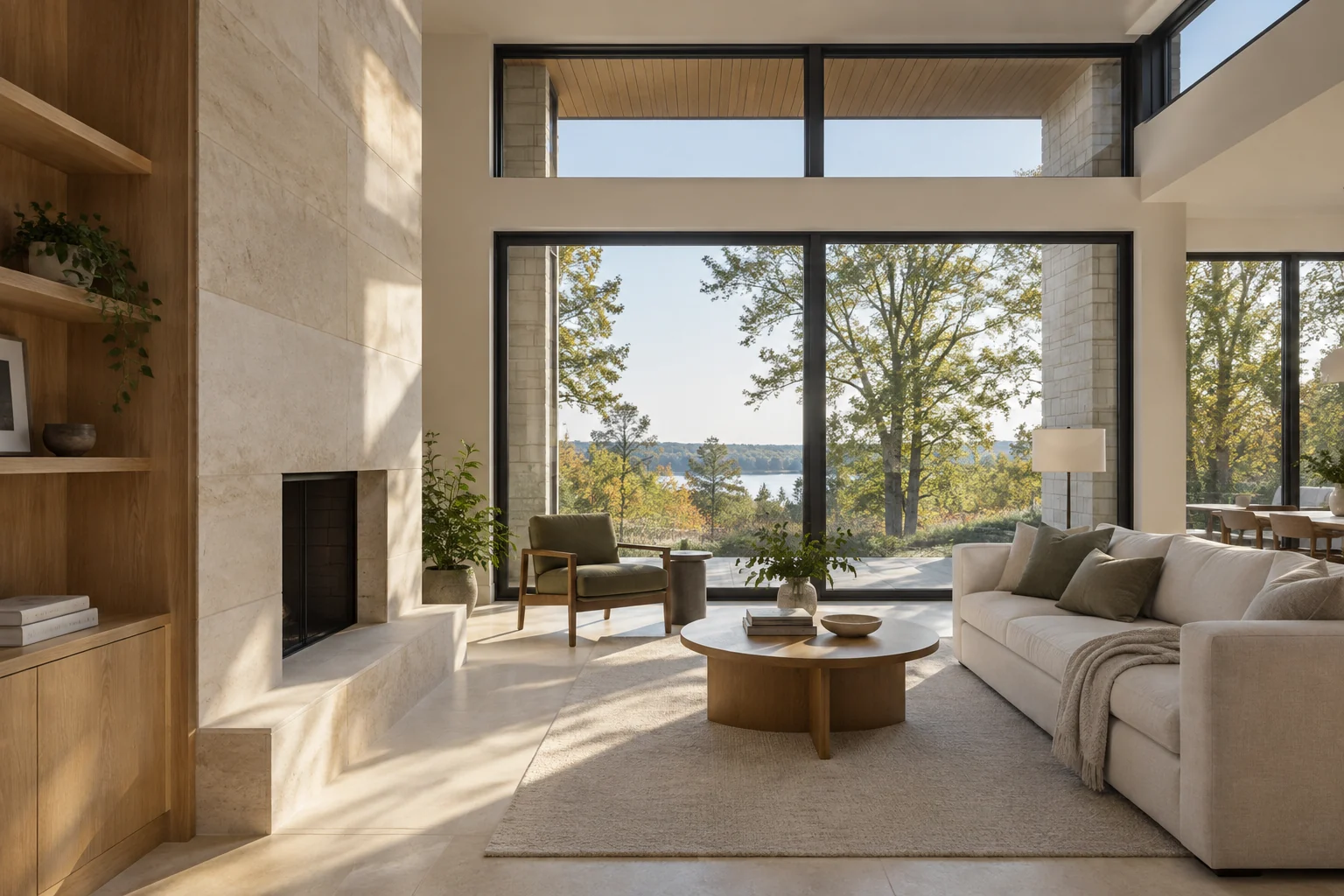 Illustrative living room showing clerestory glazing, roof shading and natural daylight.