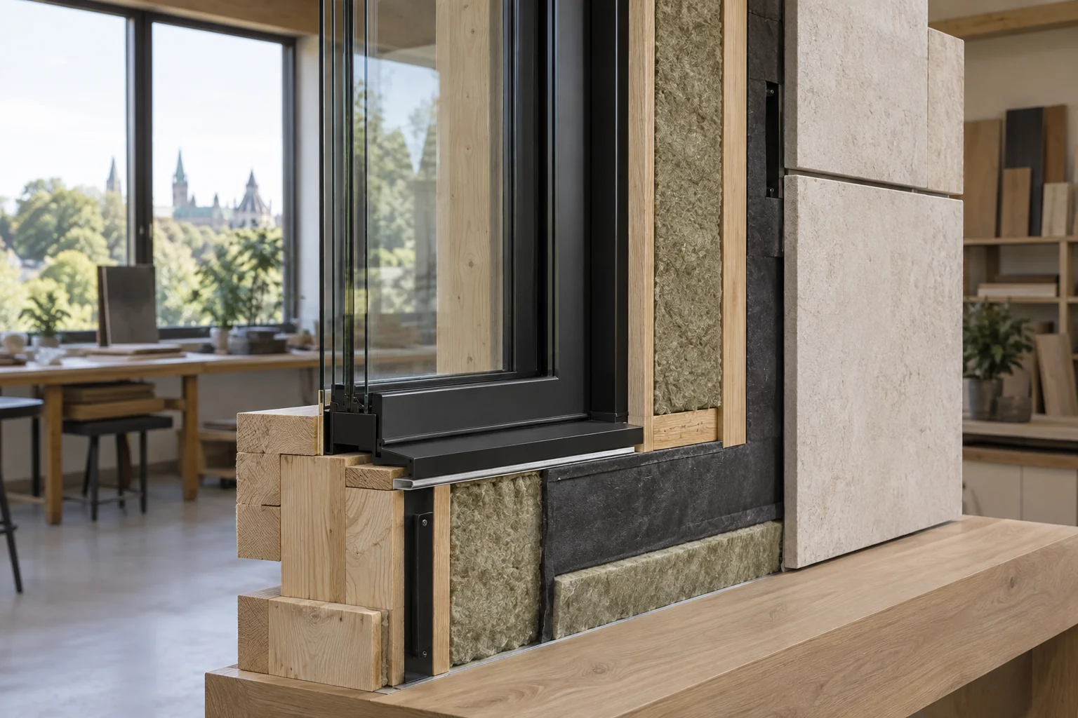 Concept illustration of a window and insulated wall sample for an energy-conscious home.