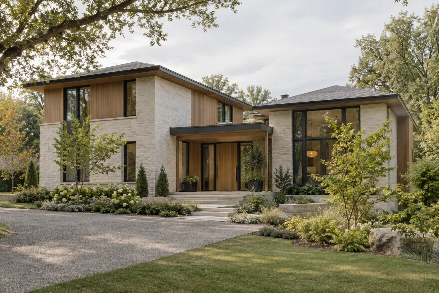 Illustrative contemporary home exterior with pale stone, timber and a sheltered entrance.