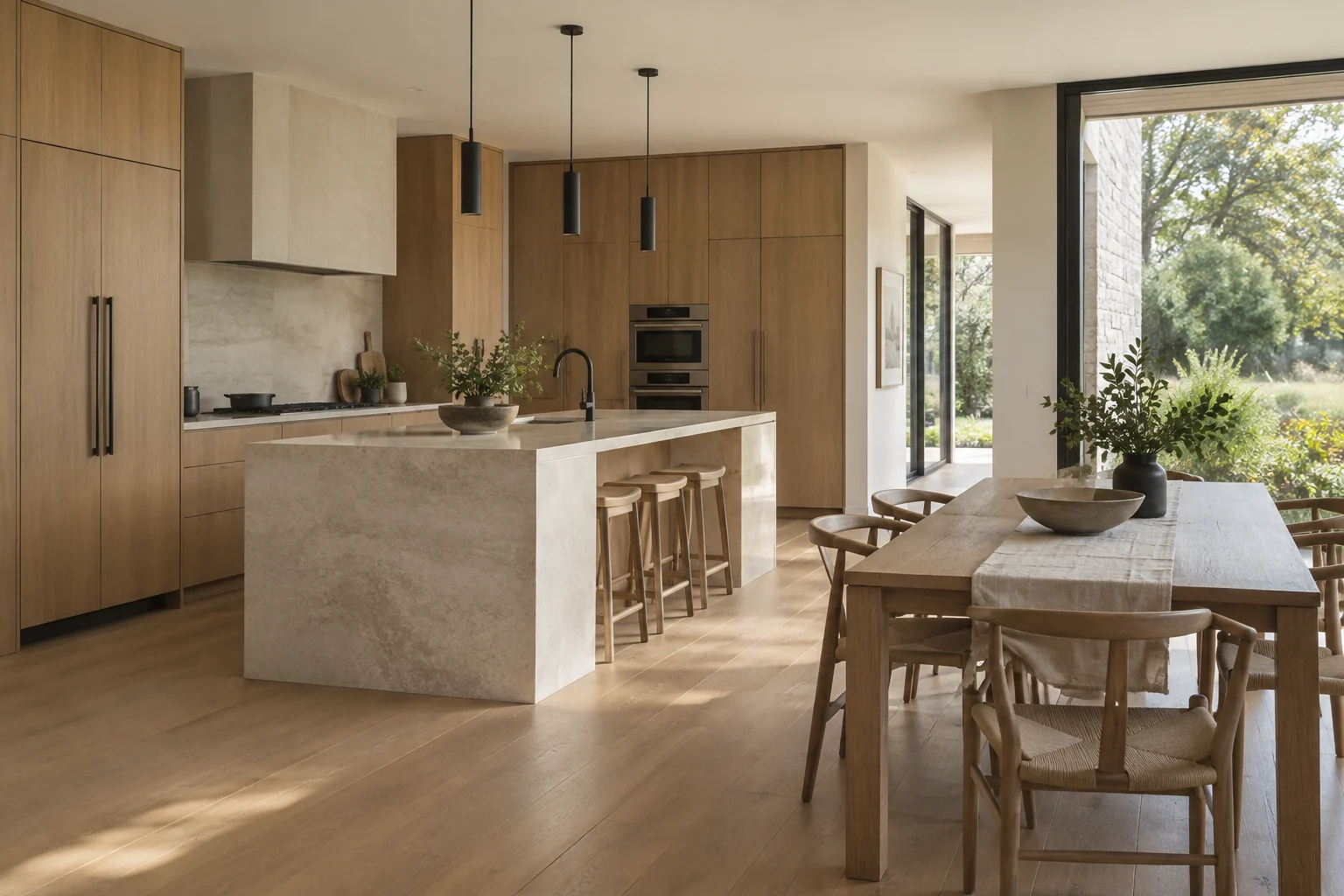 Illustrative oak kitchen and dining space with a stone island and garden glazing.