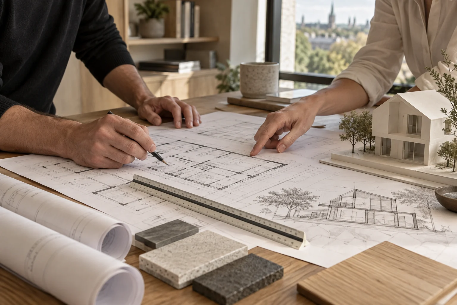 Illustrative design meeting reviewing residential drawings and a scale house model.