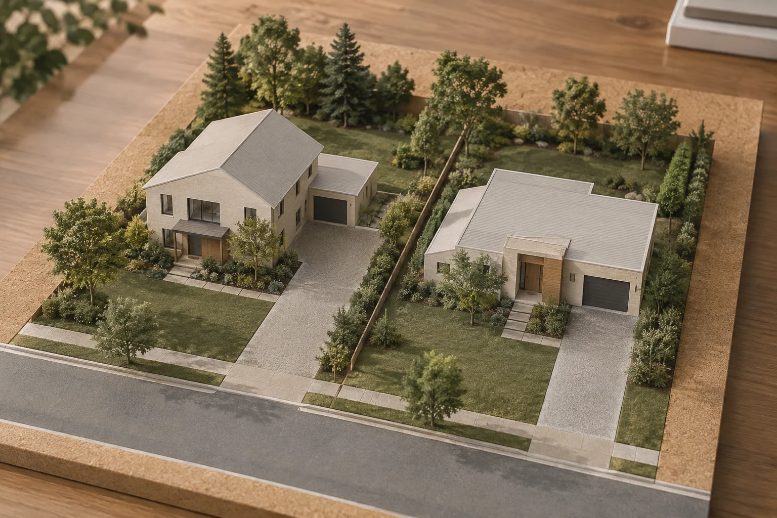 Illustrative site model with two proposed homes and separate driveways.