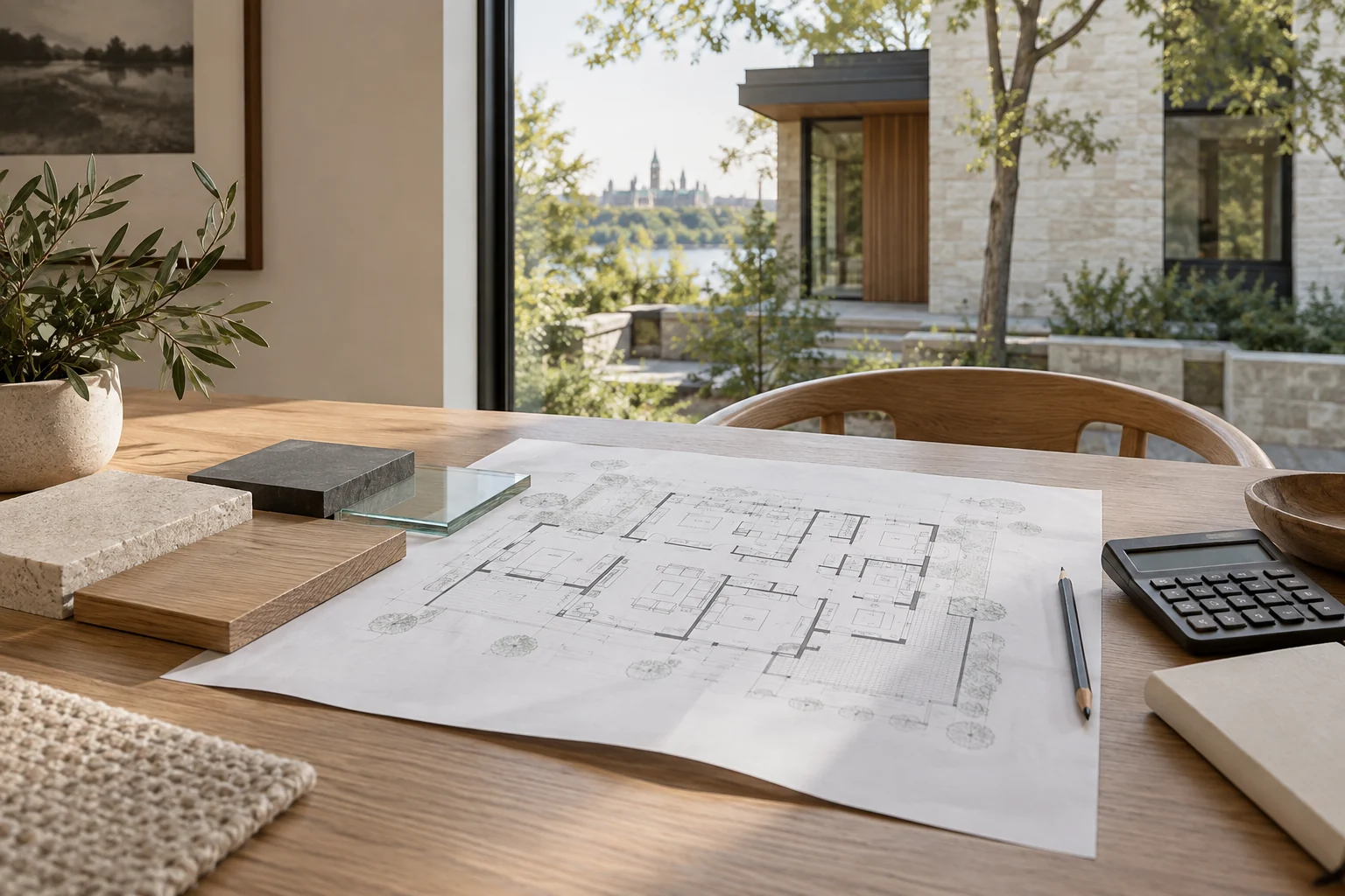 Illustrative construction budget review with house plans, calculator and material samples.