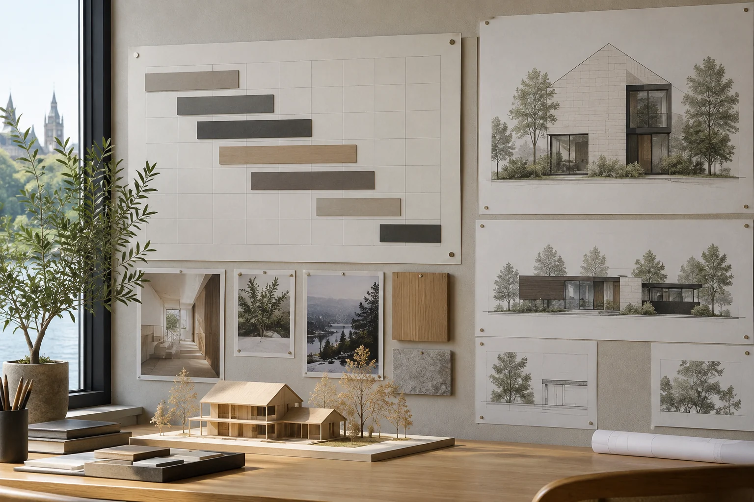 Illustrative construction sequence board alongside home design studies and a timber model.