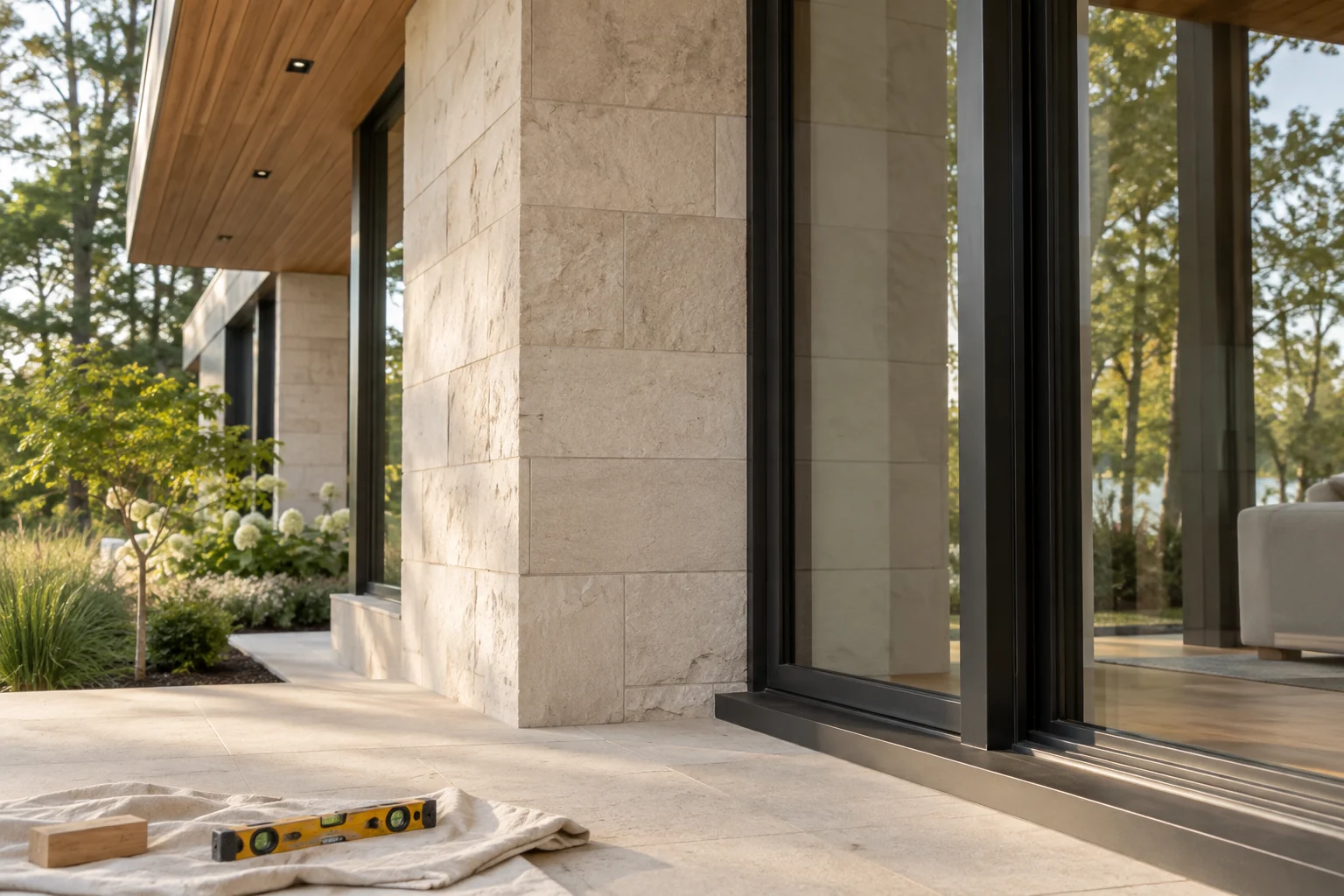 Illustrative junction of pale stone, timber soffit and dark-framed glazing.