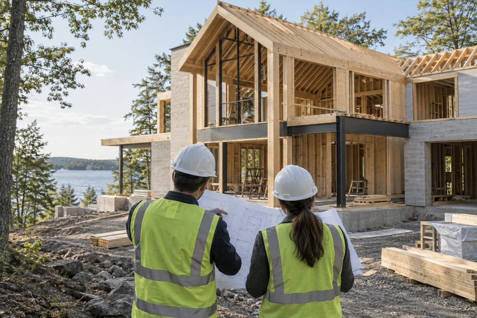 Illustrative site review with two construction professionals comparing plans at a framed home.