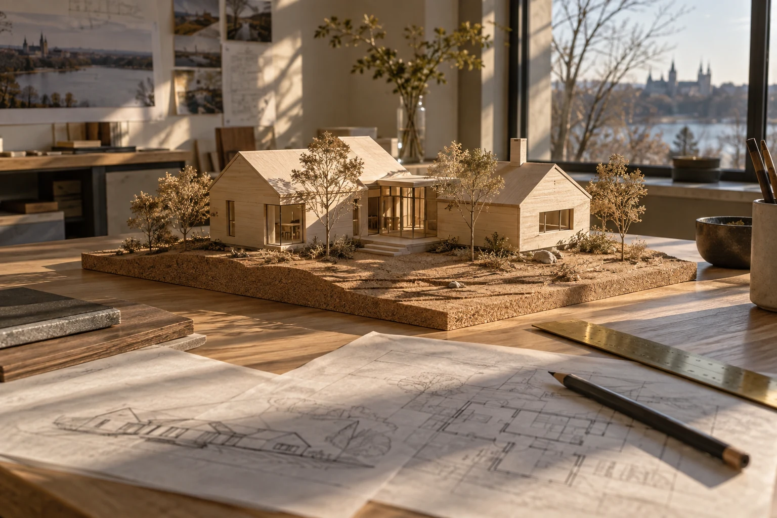 Illustrative architectural model and sun-path study exploring daylight for a custom home.
