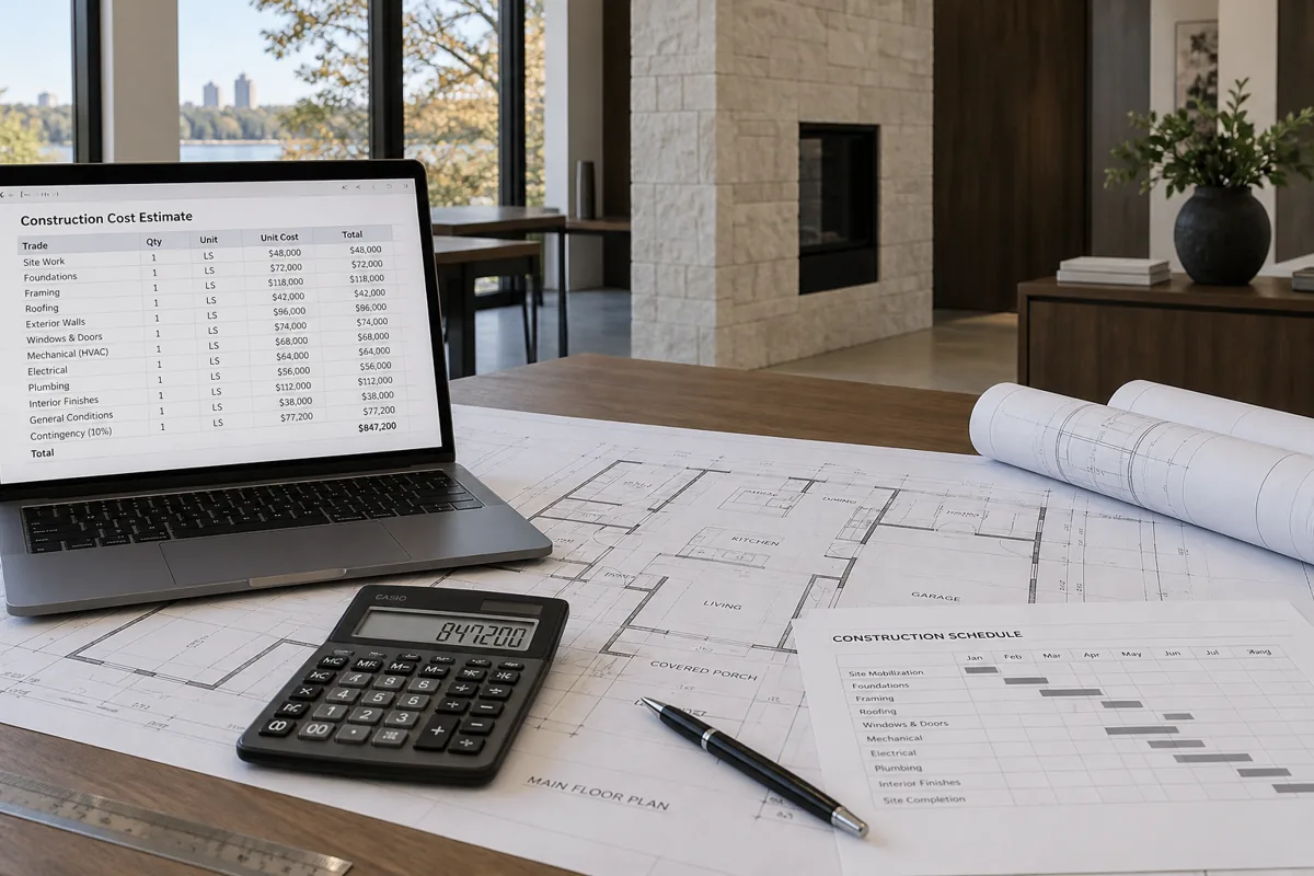 Construction cost estimate on a laptop beside architectural plans and a project schedule