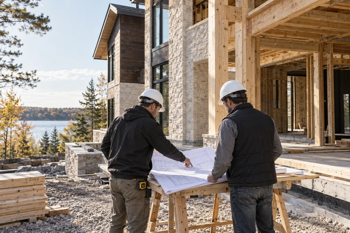 Illustrative construction team reviewing plans at a timber-framed home
