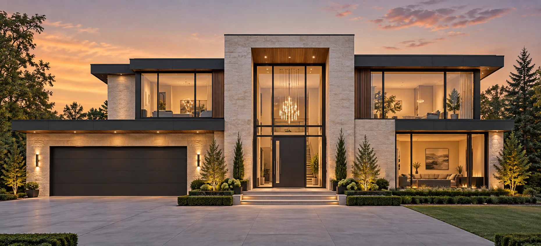 Photorealistic front elevation concept of a modern limestone and timber custom home at dusk