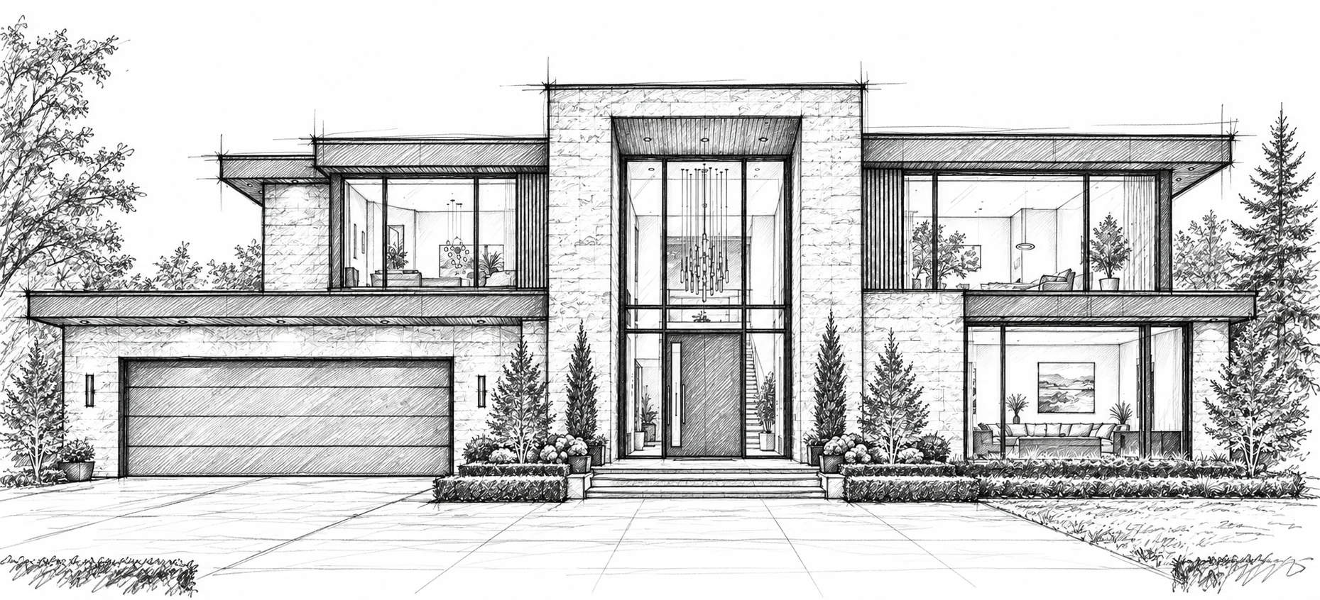 Hand-drawn front elevation concept of a modern limestone and timber custom home