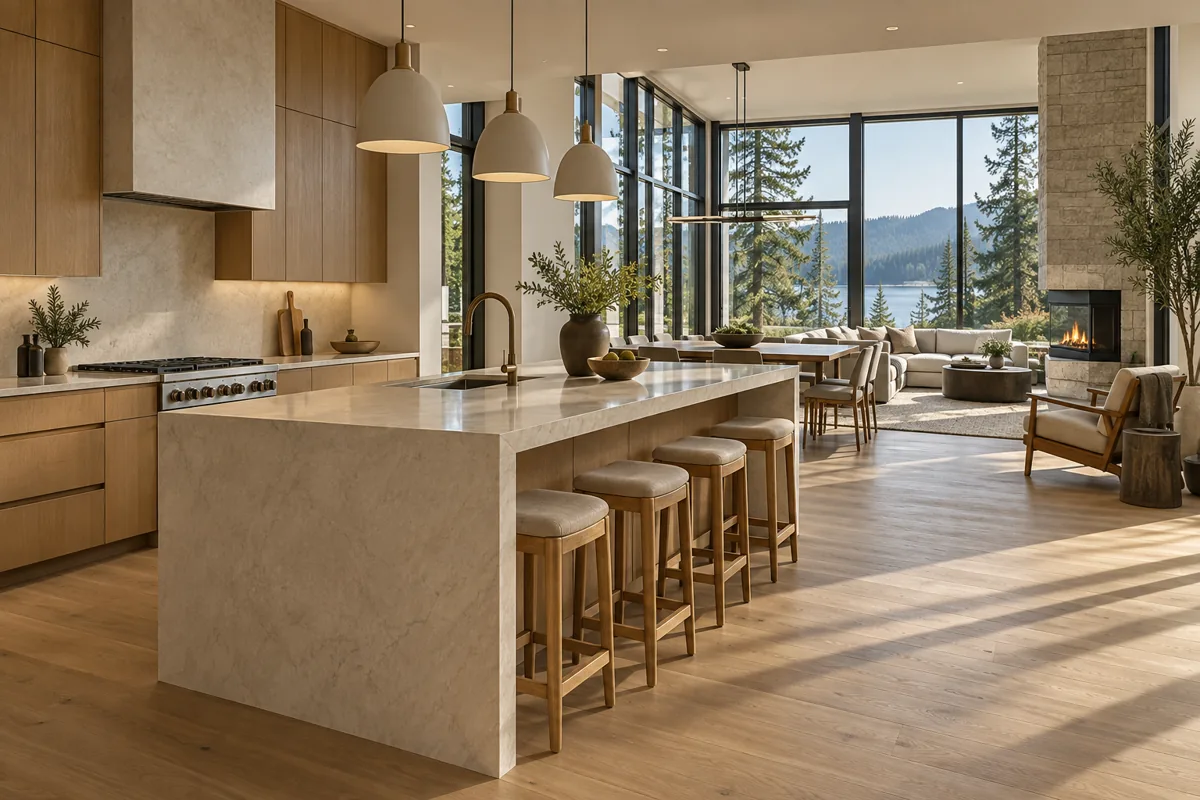 Illustrative 3D visualization of a light-filled kitchen and living space