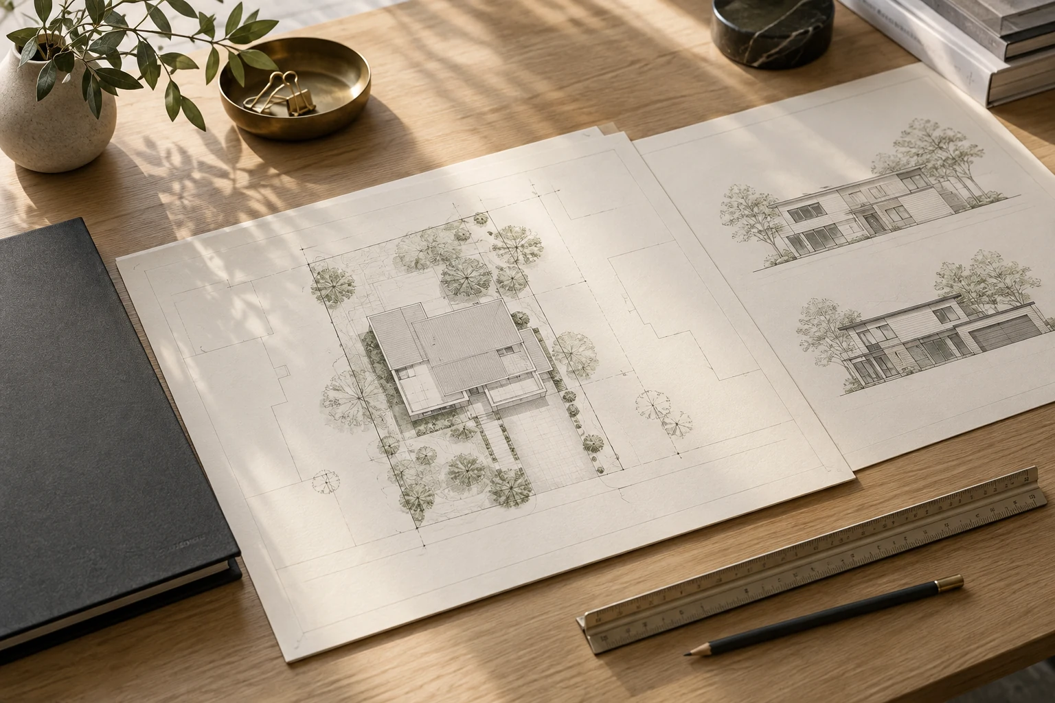 Illustrative project coordination desk with residential plans, a site model and permit documentation