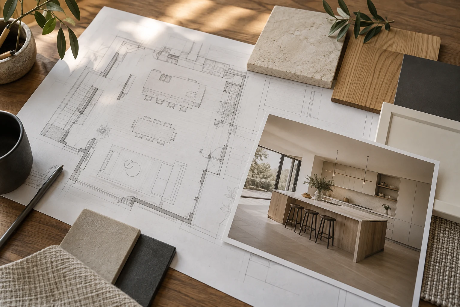 Illustrative kitchen design presentation with architectural drawings, a 3D interior view and coordinated material samples