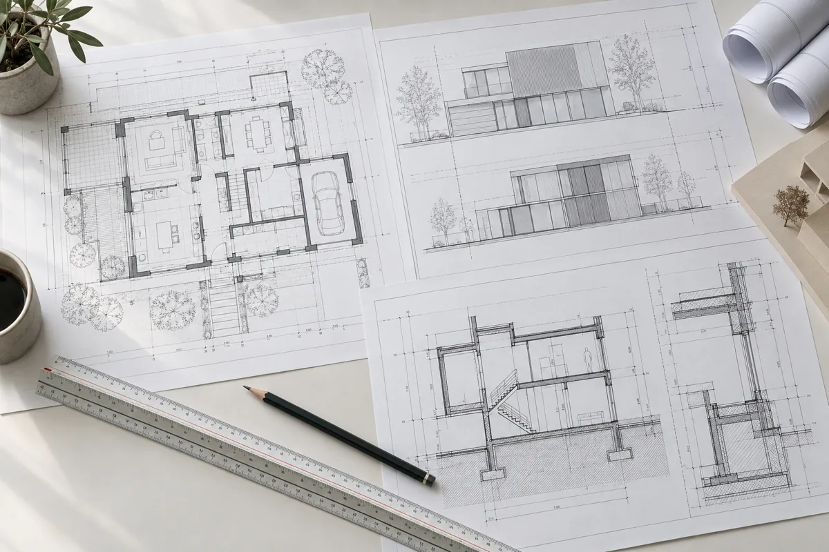 Architectural floor plans, elevations and building sections